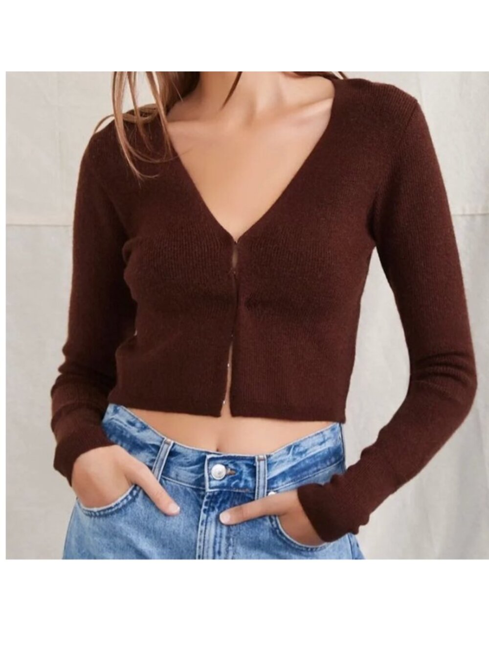 NWT FOREVER 21 Brown Hook-and-Eye Cropped Cardigan Sweater sz L